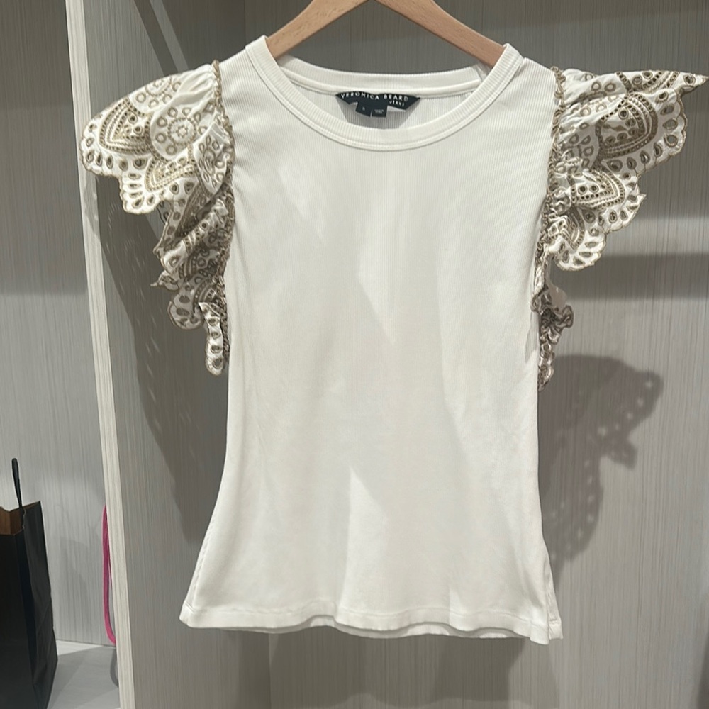 Veronica Beard Julianka Top white with tan flutter sleeves